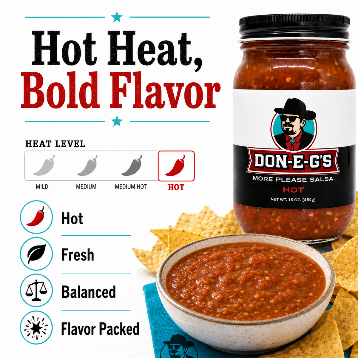 Don-E-G's "More Please" Hot Salsa - Authentic Irresistible Homemade Taste, Made with a Secret Family Recipe, Made in Arkansas, 16 oz (2 Pack)