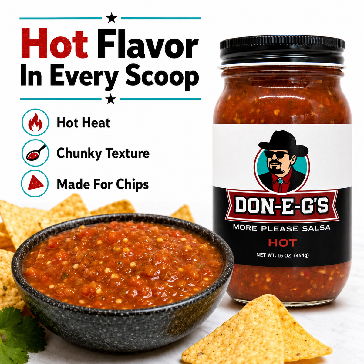 Don-E-G's "More Please" Hot Salsa - Authentic Irresistible Homemade Taste, Made with a Secret Family Recipe, Made in Arkansas, 16 oz (2 Pack)