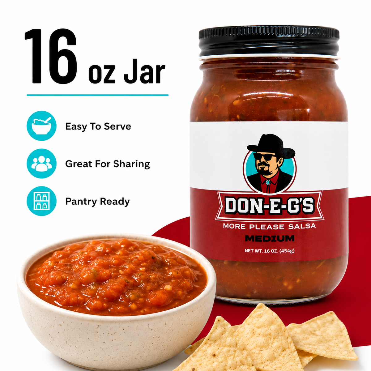 Don-E-G's "More Please" Medium Salsa - Authentic Irresistible Homemade Taste, Made with a Secret Family Recipe, Made in Arkansas, 16 oz (2 Pack)