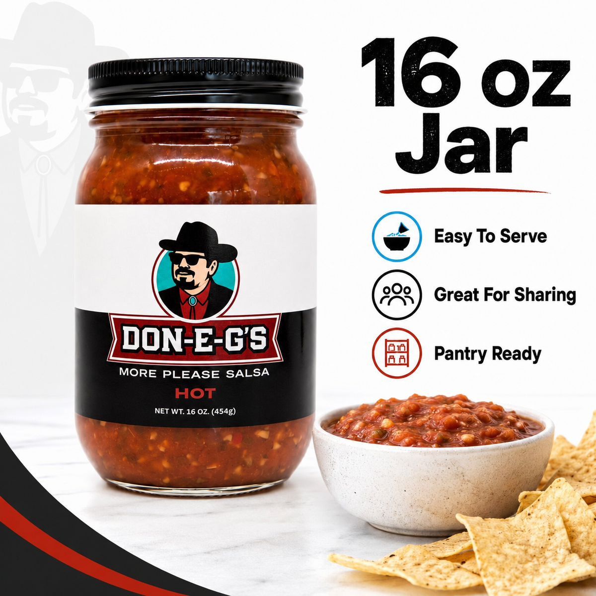 Don-E-G's "More Please" Hot Salsa - Authentic Irresistible Homemade Taste, Made with a Secret Family Recipe, Made in Arkansas, 16 oz (2 Pack)