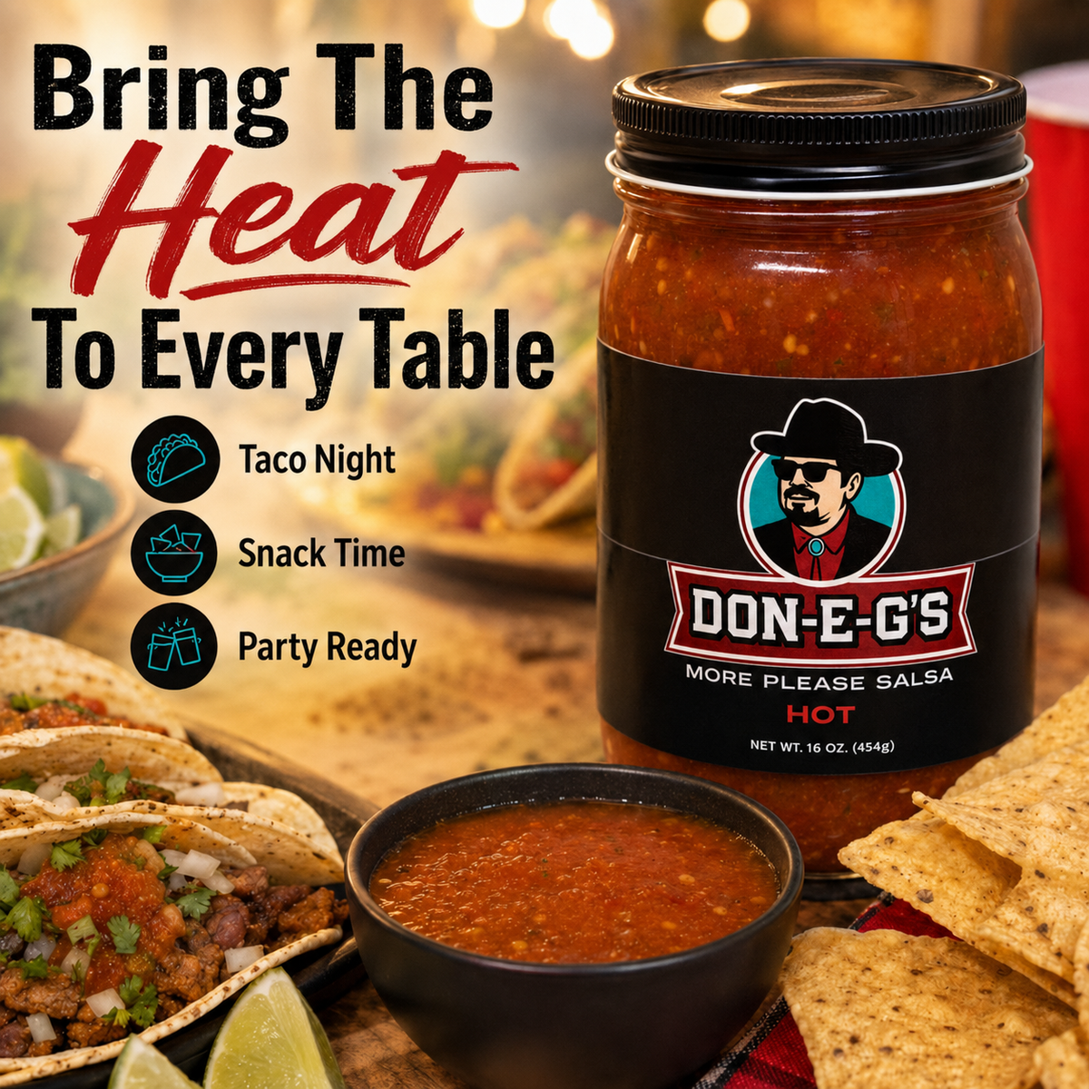 Don-E-G's "More Please" Hot Salsa - Authentic Irresistible Homemade Taste, Made with a Secret Family Recipe, Made in Arkansas, 16 oz (2 Pack)