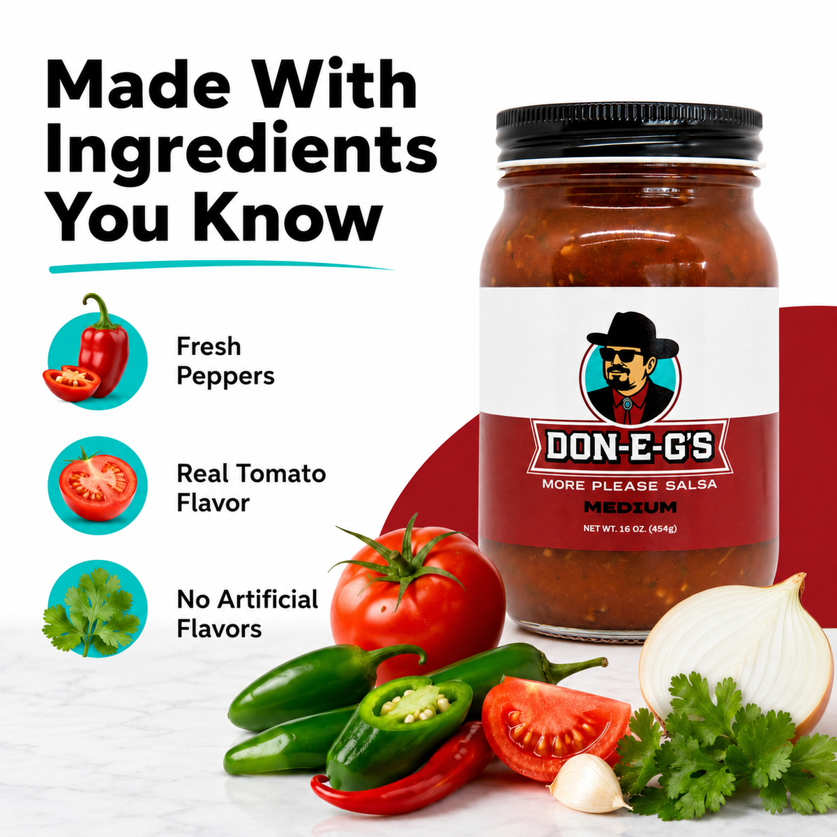 Don-E-G's "More Please" Medium Salsa - Authentic Irresistible Homemade Taste, Made with a Secret Family Recipe, Made in Arkansas, 16 oz (2 Pack)
