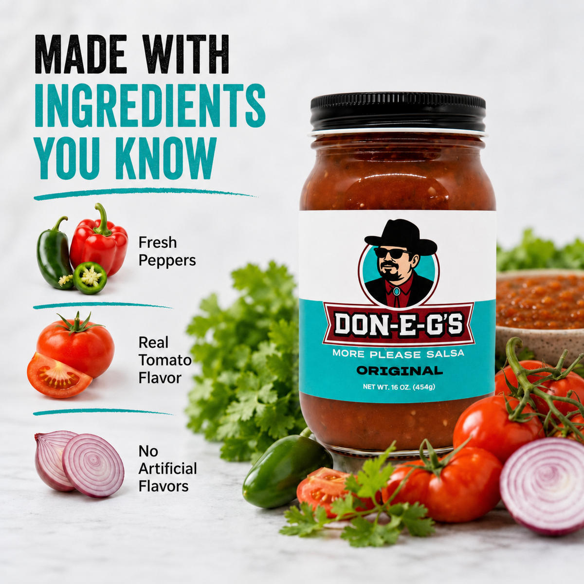 Don-E-G's "More Please" Original Salsa - Authentic Irresistible Homemade Taste, Made with a Secret Family Recipe, Made in Arkansas, 16 oz (2 Pack)