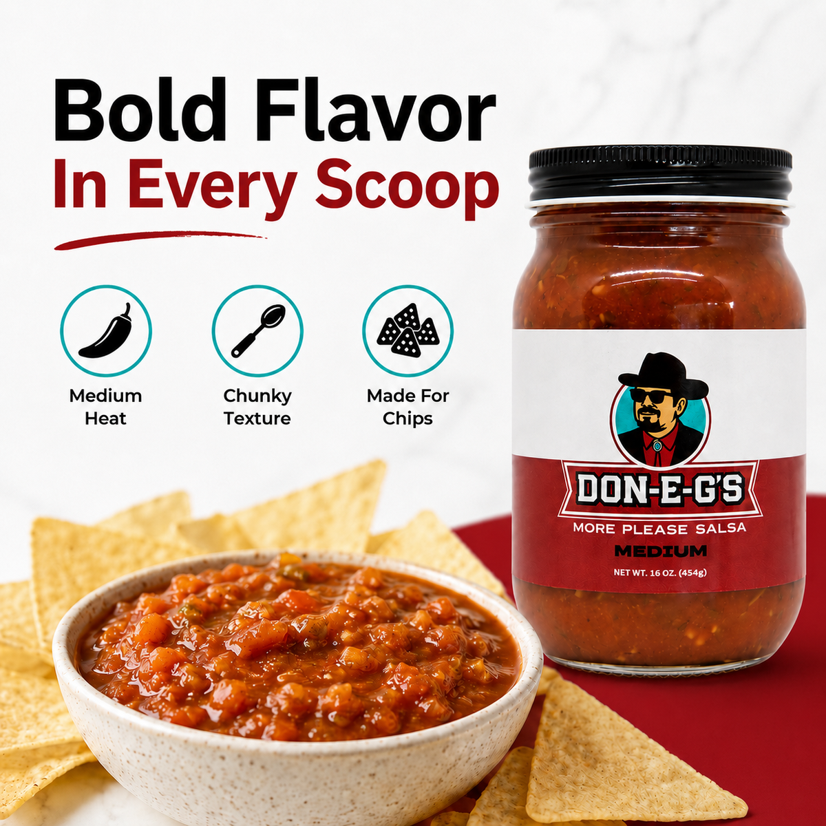 Don-E-G's "More Please" Medium Salsa - Authentic Irresistible Homemade Taste, Made with a Secret Family Recipe, Made in Arkansas, 16 oz (2 Pack)