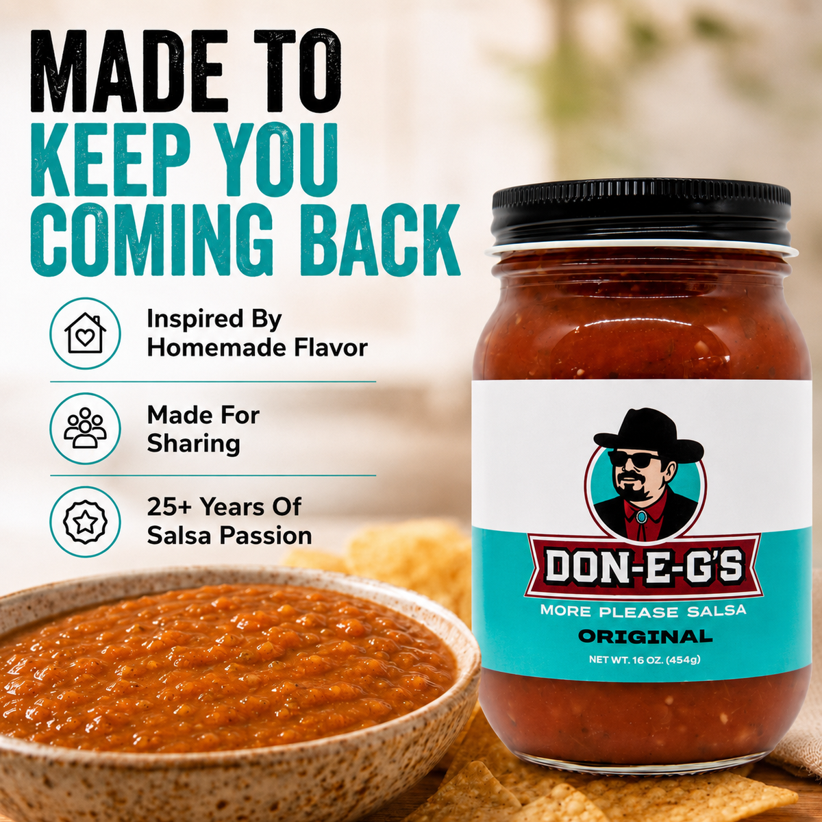 Don-E-G's "More Please" Original Salsa - Authentic Irresistible Homemade Taste, Made with a Secret Family Recipe, Made in Arkansas, 16 oz (2 Pack)