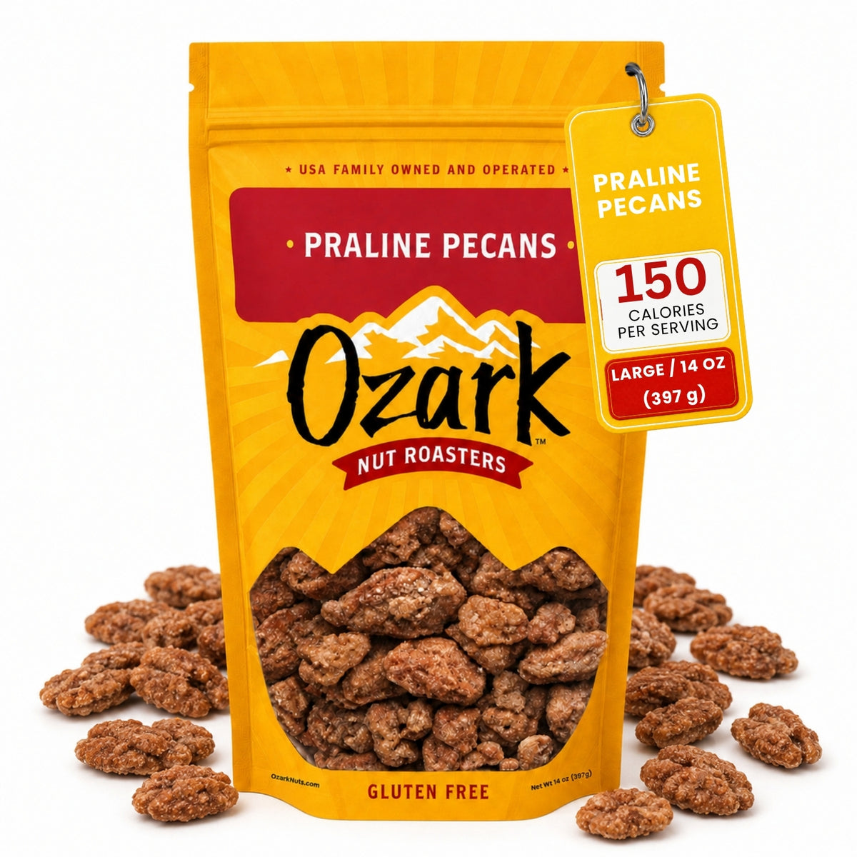 OZARK NUT ROASTERS, Praline Pecans, Flavored Snack Nuts, World-Class Gourmet Candied Peanuts, Resealable Pack