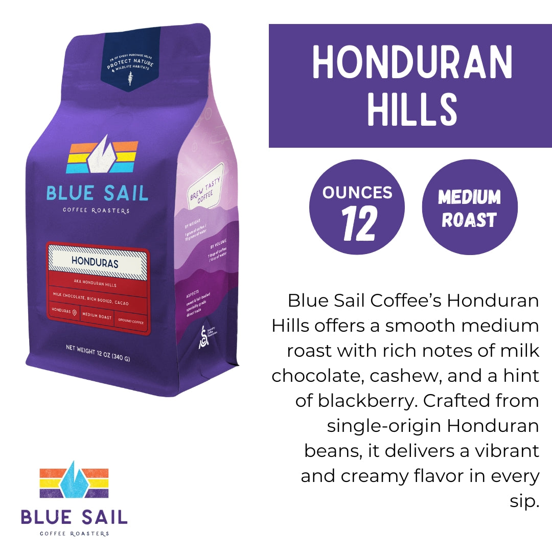 Blue Sail Coffee Honduran Hills, Medium Roast Ground Coffee, 12 Ounce