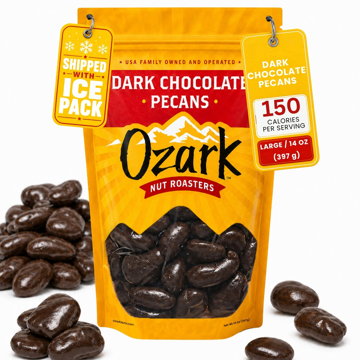 OZARK NUT ROASTERS, Dark Chocolate Pecans, Flavored Snack Nuts, World-Class Gourmet Candied Peanuts, Resealable Pack