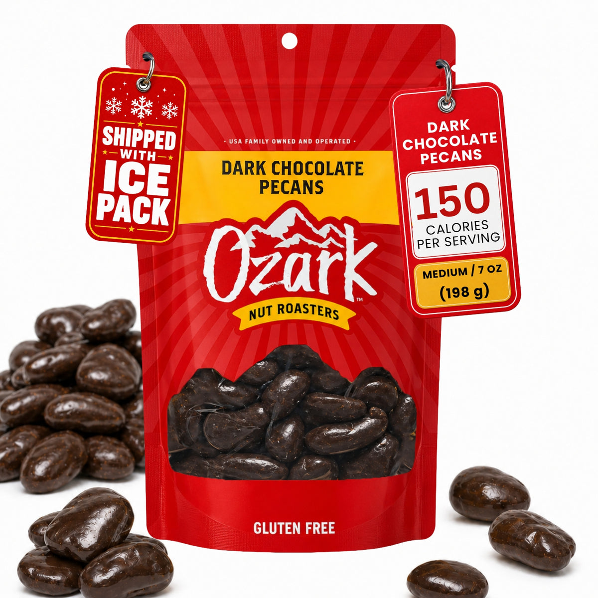 OZARK NUT ROASTERS, Dark Chocolate Pecans, Flavored Snack Nuts, World-Class Gourmet Candied Peanuts, Resealable Pack