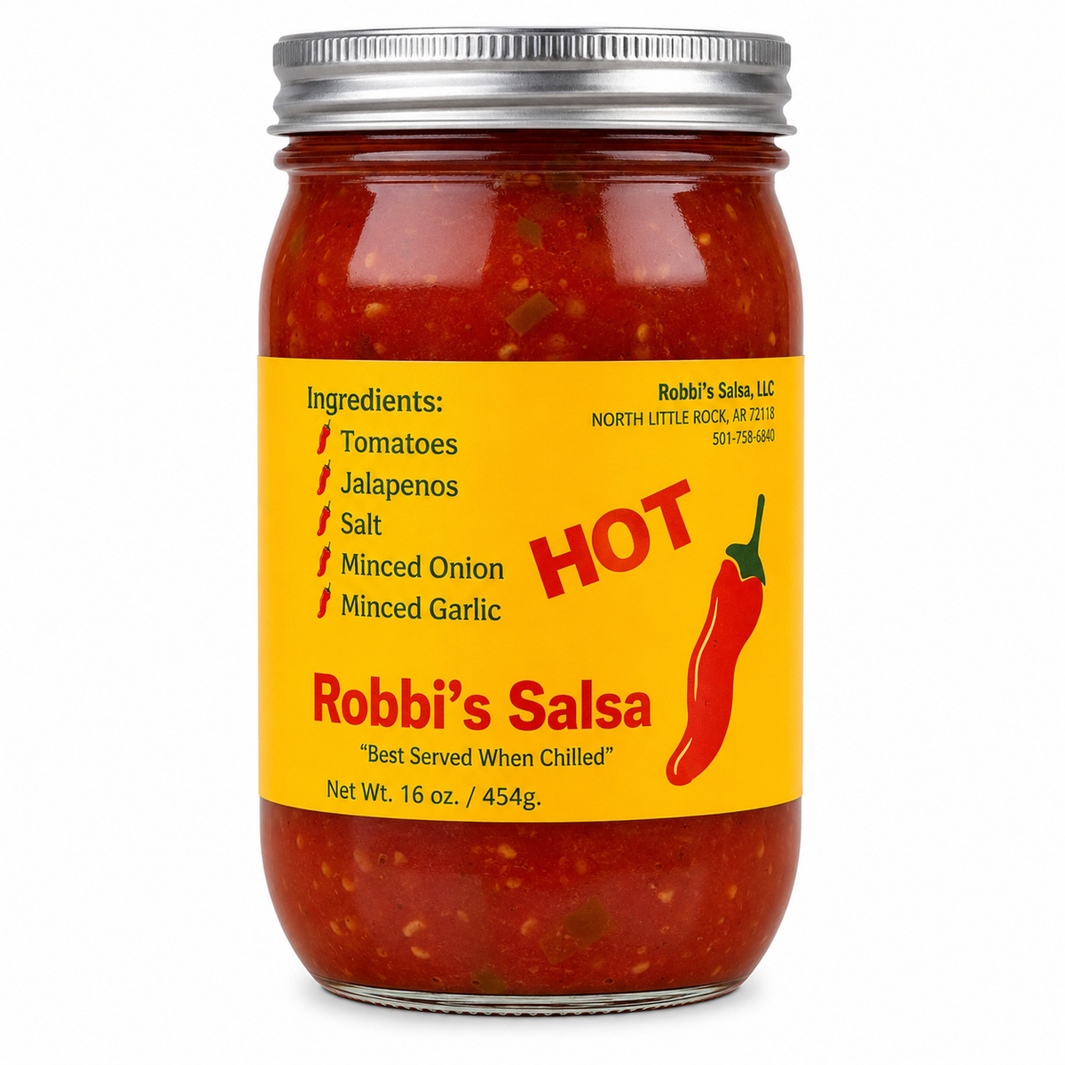 Robbi's Salsa Hot- Authentic Arkansas Flavor in Every Bite! Homemade Taste with Secret Blend of Tomatoes, Jalapeno Peppers, Salt, Onion & Garlic, "Best Served When Chilled", Gluten Free - 16 oz Jar