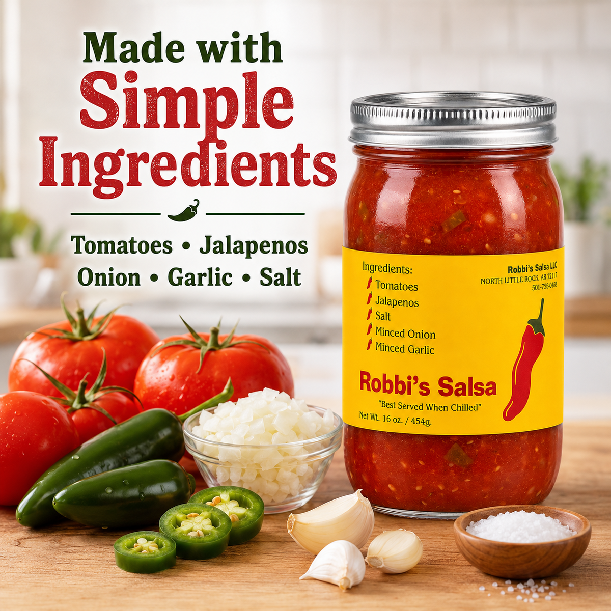 Robbi's Salsa Original - Authentic Arkansas Flavor in Every Bite! Homemade Taste with Secret Blend of Tomatoes, Jalapeno Peppers, Salt, Onion & Garlic, "Best Served When Chilled", Gluten Free - 16 oz Jar