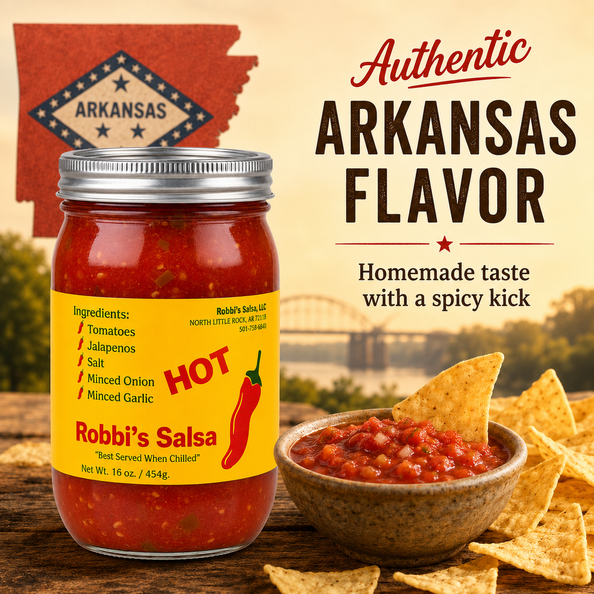 Robbi's Salsa Hot- Authentic Arkansas Flavor in Every Bite! Homemade Taste with Secret Blend of Tomatoes, Jalapeno Peppers, Salt, Onion & Garlic, "Best Served When Chilled", Gluten Free - 16 oz Jar