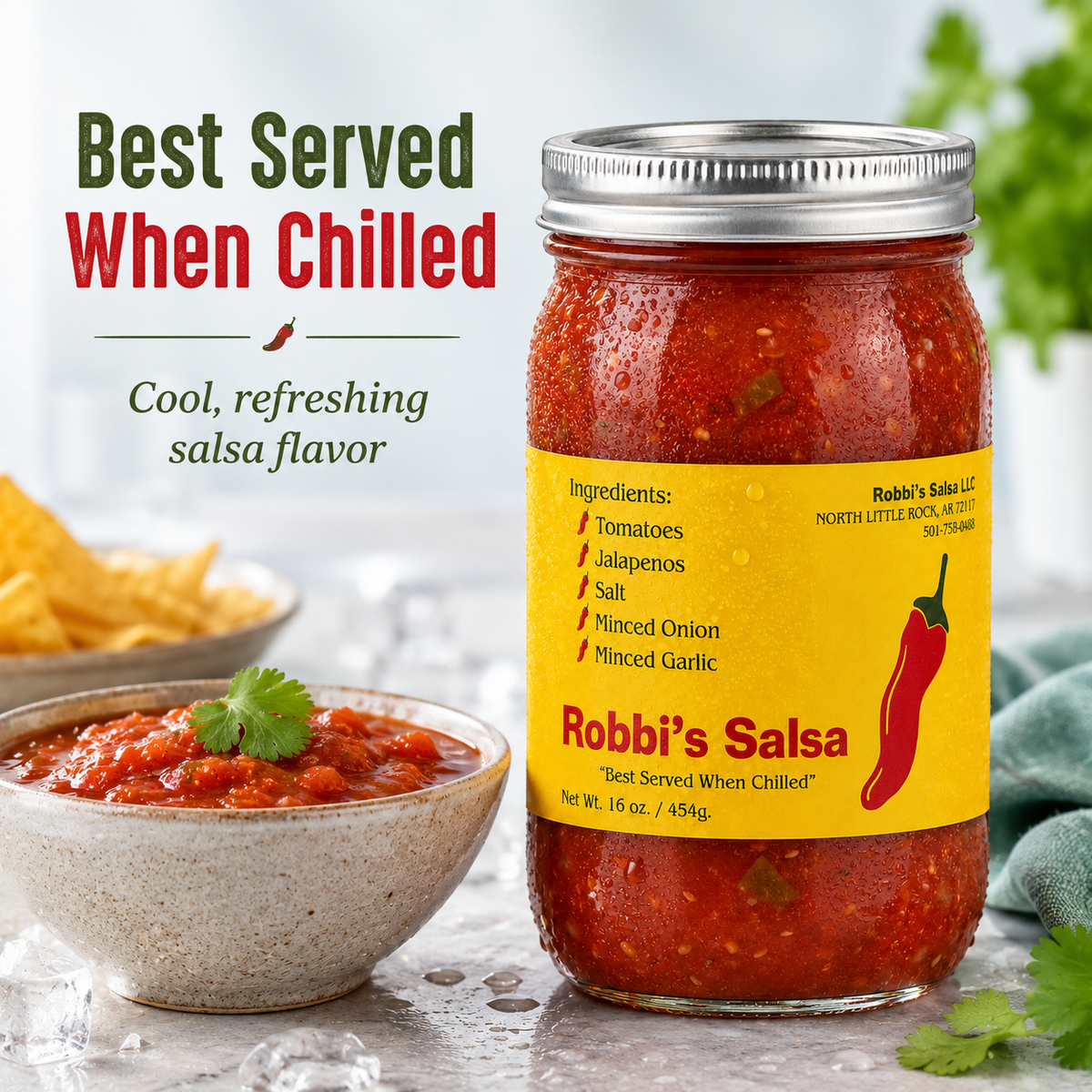 Robbi's Salsa Original - Authentic Arkansas Flavor in Every Bite! Homemade Taste with Secret Blend of Tomatoes, Jalapeno Peppers, Salt, Onion & Garlic, "Best Served When Chilled", Gluten Free - 16 oz Jar
