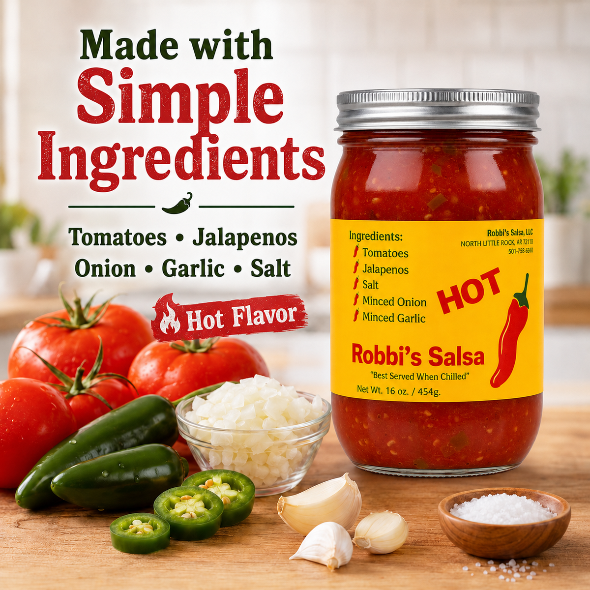 Robbi's Salsa Hot- Authentic Arkansas Flavor in Every Bite! Homemade Taste with Secret Blend of Tomatoes, Jalapeno Peppers, Salt, Onion & Garlic, "Best Served When Chilled", Gluten Free - 16 oz Jar