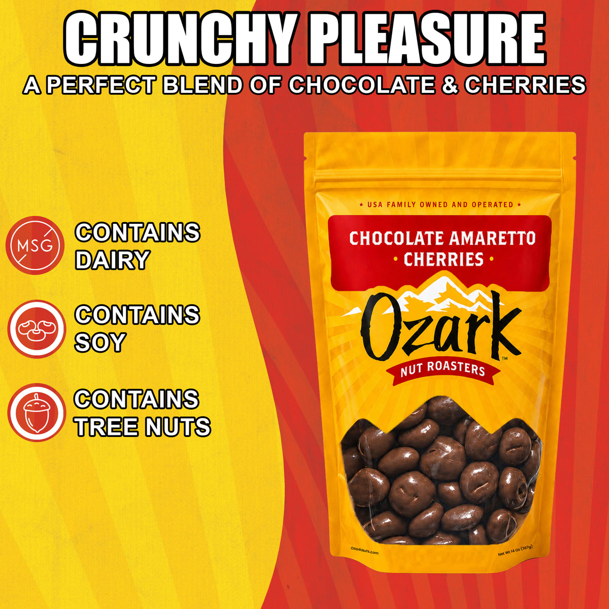 OZARK NUT ROASTERS, Chocolate Amaretto Cherries, Flavored Snack Nuts, World-Class Gourmet Candied Peanuts, Resealable Pack