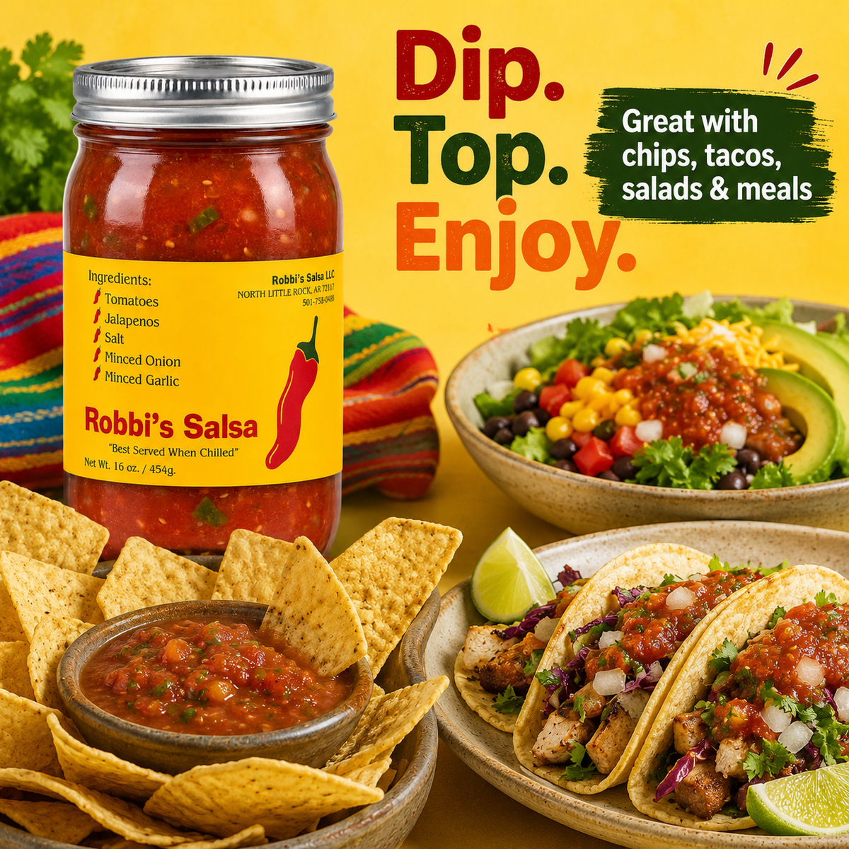 Robbi's Salsa Original - Authentic Arkansas Flavor in Every Bite! Homemade Taste with Secret Blend of Tomatoes, Jalapeno Peppers, Salt, Onion & Garlic, "Best Served When Chilled", Gluten Free - 16 oz Jar