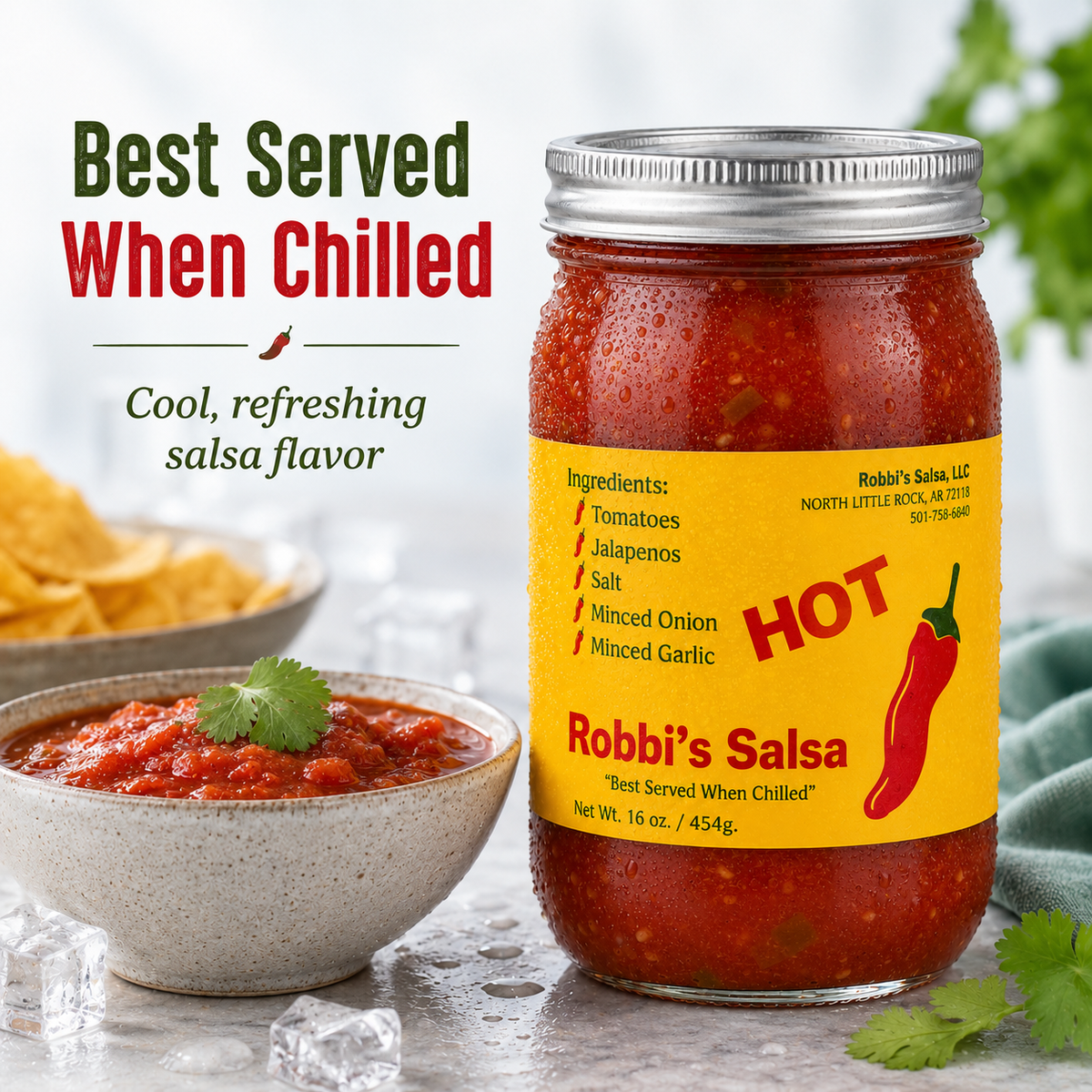 Robbi's Salsa Hot- Authentic Arkansas Flavor in Every Bite! Homemade Taste with Secret Blend of Tomatoes, Jalapeno Peppers, Salt, Onion & Garlic, "Best Served When Chilled", Gluten Free - 16 oz Jar