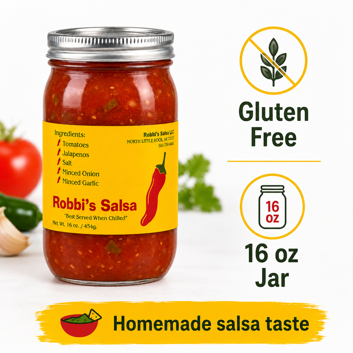 Robbi's Salsa Original - Authentic Arkansas Flavor in Every Bite! Homemade Taste with Secret Blend of Tomatoes, Jalapeno Peppers, Salt, Onion & Garlic, "Best Served When Chilled", Gluten Free - 16 oz Jar