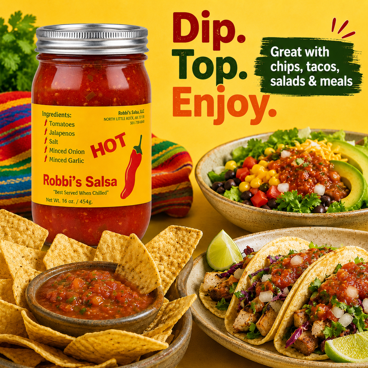 Robbi's Salsa Hot- Authentic Arkansas Flavor in Every Bite! Homemade Taste with Secret Blend of Tomatoes, Jalapeno Peppers, Salt, Onion & Garlic, "Best Served When Chilled", Gluten Free - 16 oz Jar