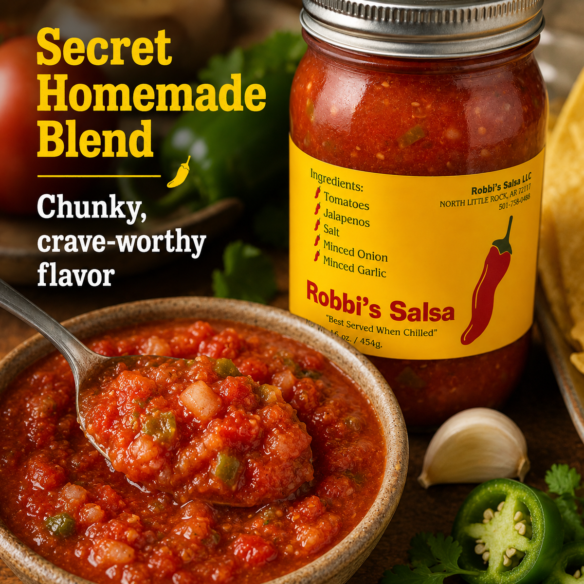 Robbi's Salsa Original - Authentic Arkansas Flavor in Every Bite! Homemade Taste with Secret Blend of Tomatoes, Jalapeno Peppers, Salt, Onion & Garlic, "Best Served When Chilled", Gluten Free - 16 oz Jar