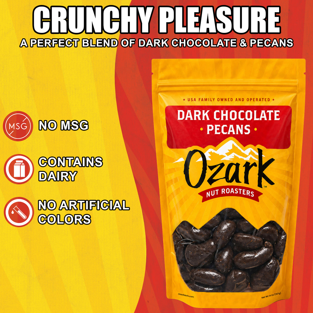 OZARK NUT ROASTERS, Dark Chocolate Pecans, Flavored Snack Nuts, World-Class Gourmet Candied Peanuts, Resealable Pack