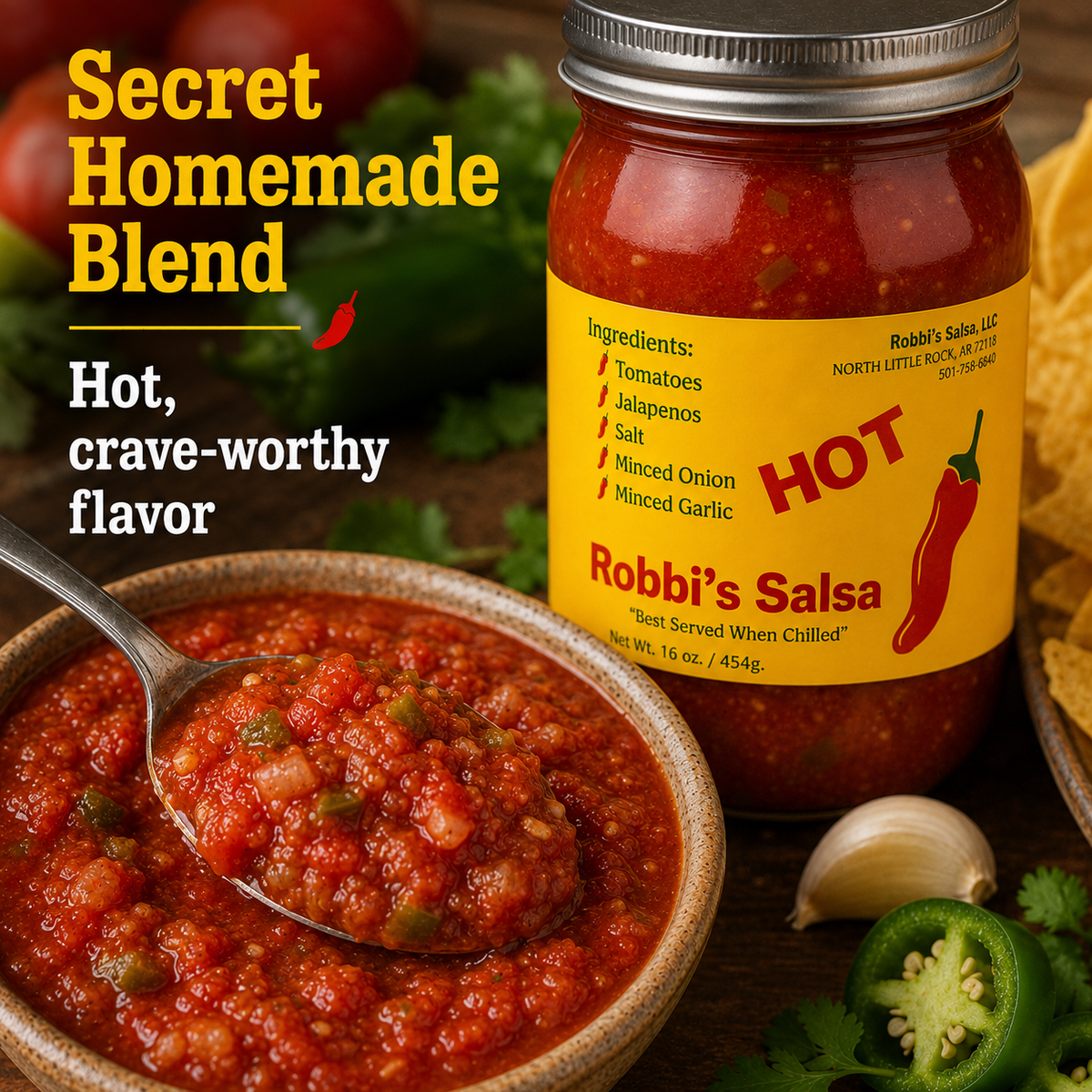 Robbi's Salsa Hot- Authentic Arkansas Flavor in Every Bite! Homemade Taste with Secret Blend of Tomatoes, Jalapeno Peppers, Salt, Onion & Garlic, "Best Served When Chilled", Gluten Free - 16 oz Jar