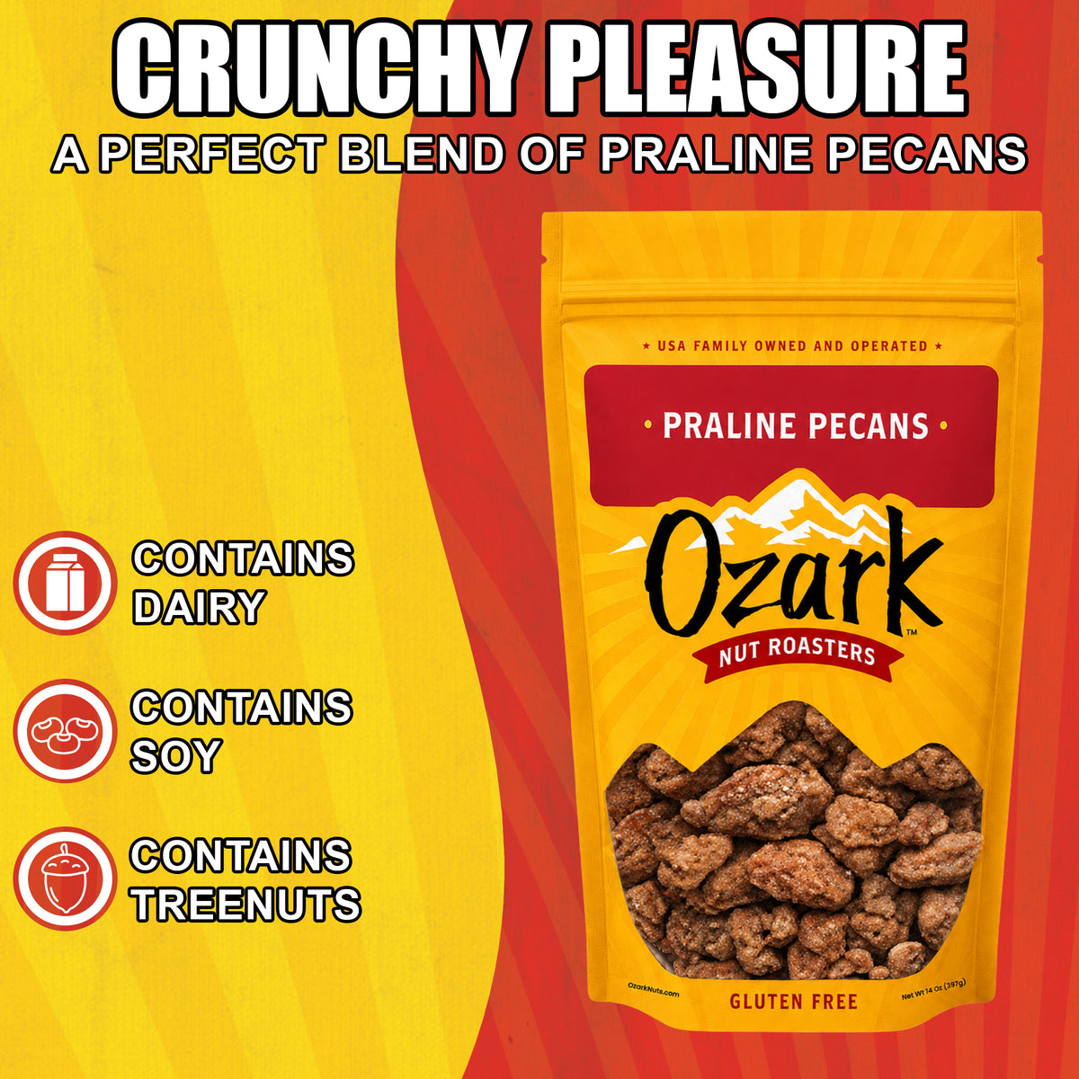 OZARK NUT ROASTERS, Praline Pecans, Flavored Snack Nuts, World-Class Gourmet Candied Peanuts, Resealable Pack