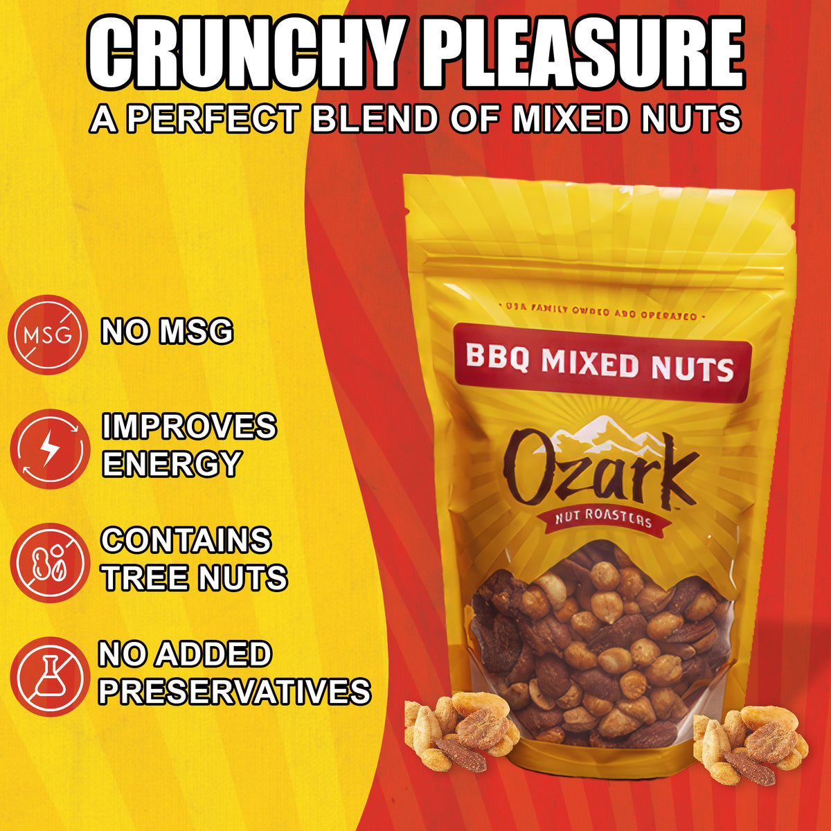 OZARK NUT ROASTERS, Smokey BBQ Mixed Nuts, Flavored Snack Nuts, World-Class Gourmet Candied Peanuts, Resealable Pack