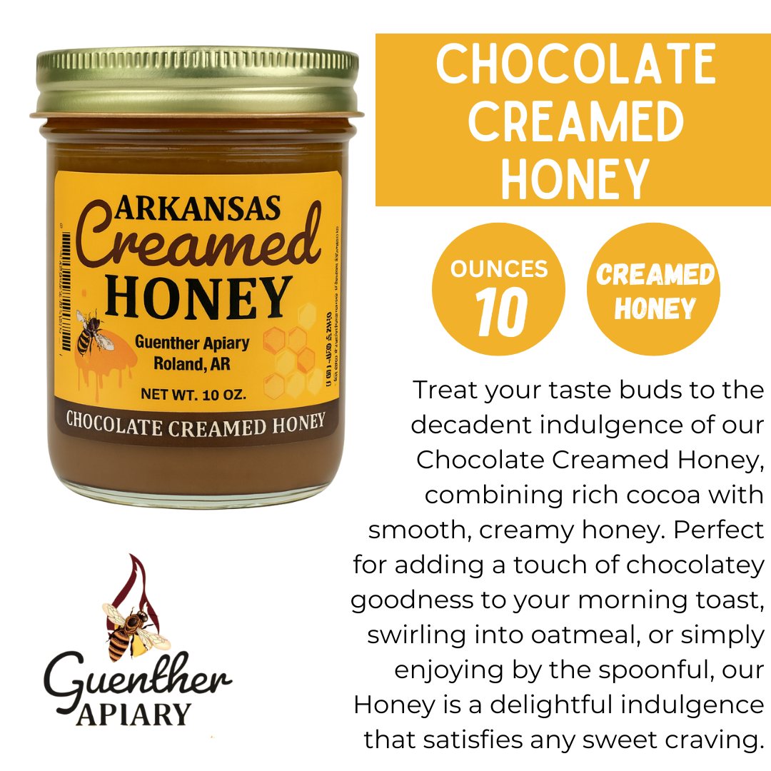 Guenther Apiary Local Arkansas Made Chocolate Creamed Honey - 100% Raw Unfiltered Honey - Crafted with Care and Expertise - Antioxidant-Rich Sweetness Packed with Nutrients - 10 oz Jar
