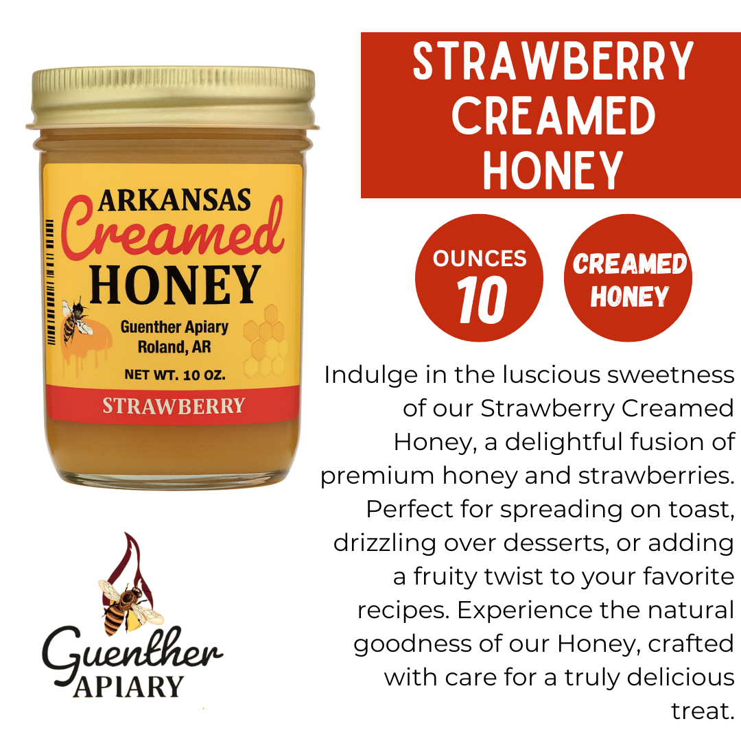 Guenther Apiary Local Arkansas Made Strawberry Creamed Honey - 100% Raw Unfiltered Honey - Crafted with Care and Expertise - Antioxidant-Rich Sweetness Packed with Nutrients - 10 oz Jar