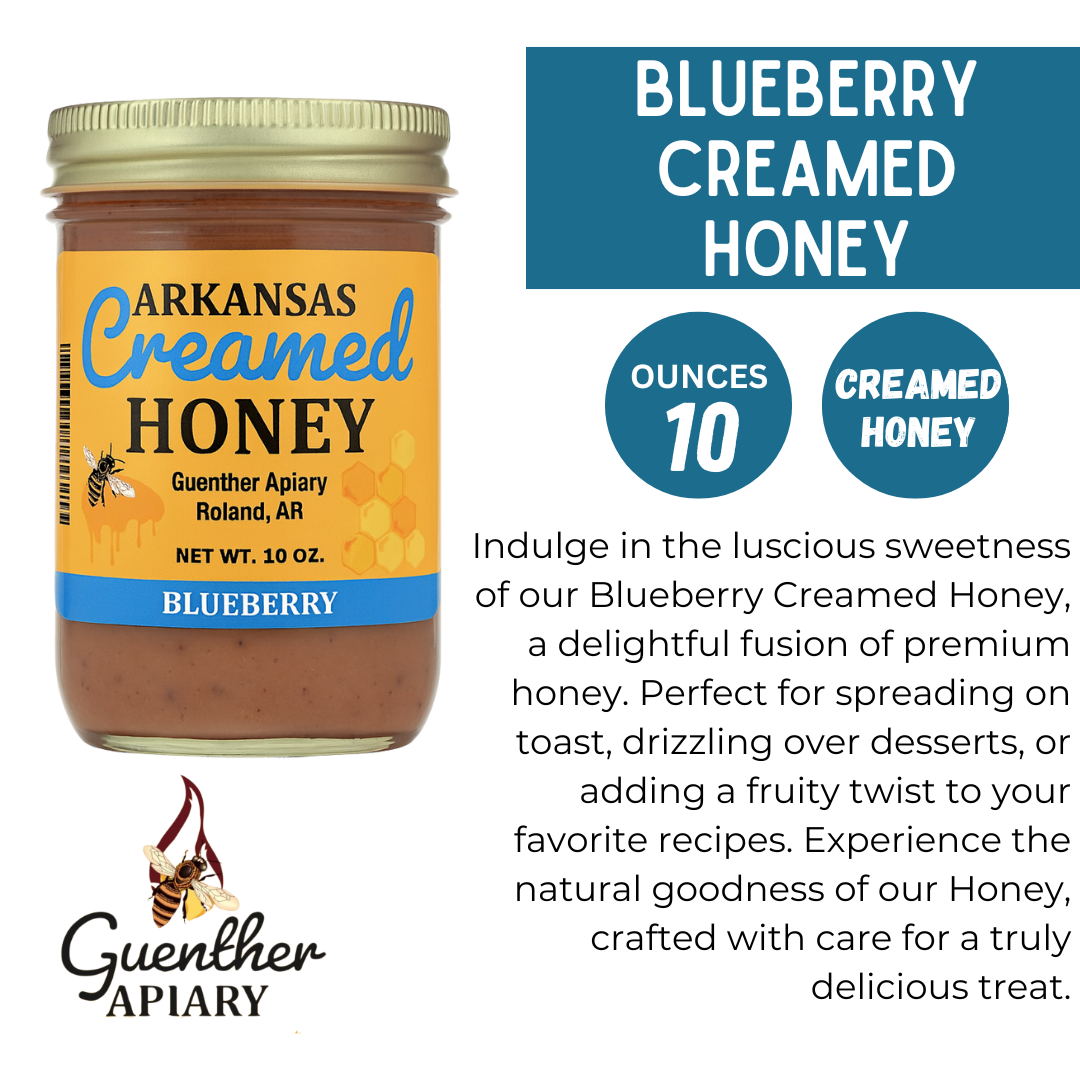Guenther Apiary Local Arkansas Made Blueberry Creamed Honey - 100% Raw Unfiltered Honey - Crafted with Care and Expertise - Antioxidant-Rich Sweetness Packed with Nutrients - 10 oz Jar