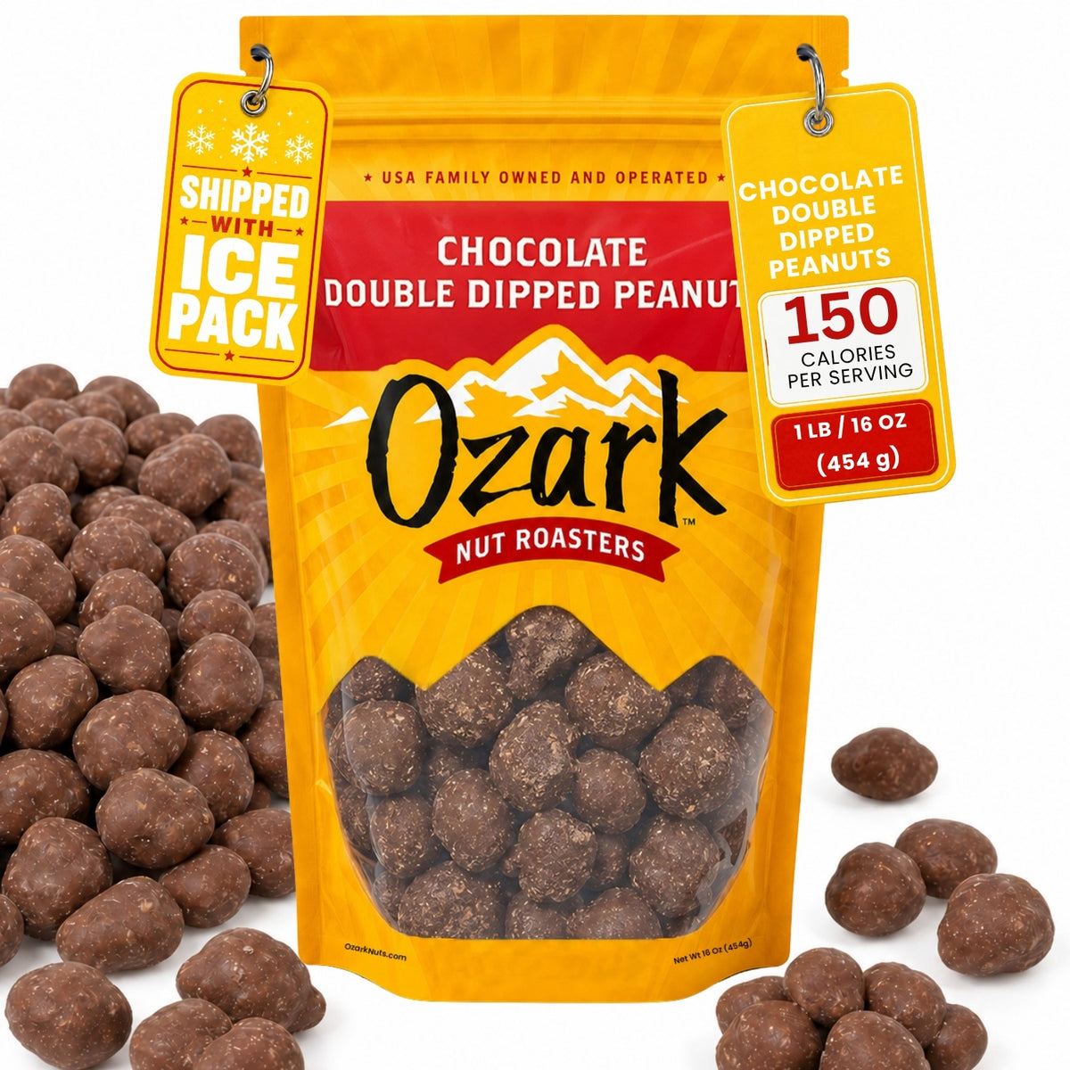 OZARK NUT ROASTERS, Double Dipped Chocolate Peanuts, Flavored Snack Nuts, World-Class Gourmet Candied Peanuts, Resealable Pack