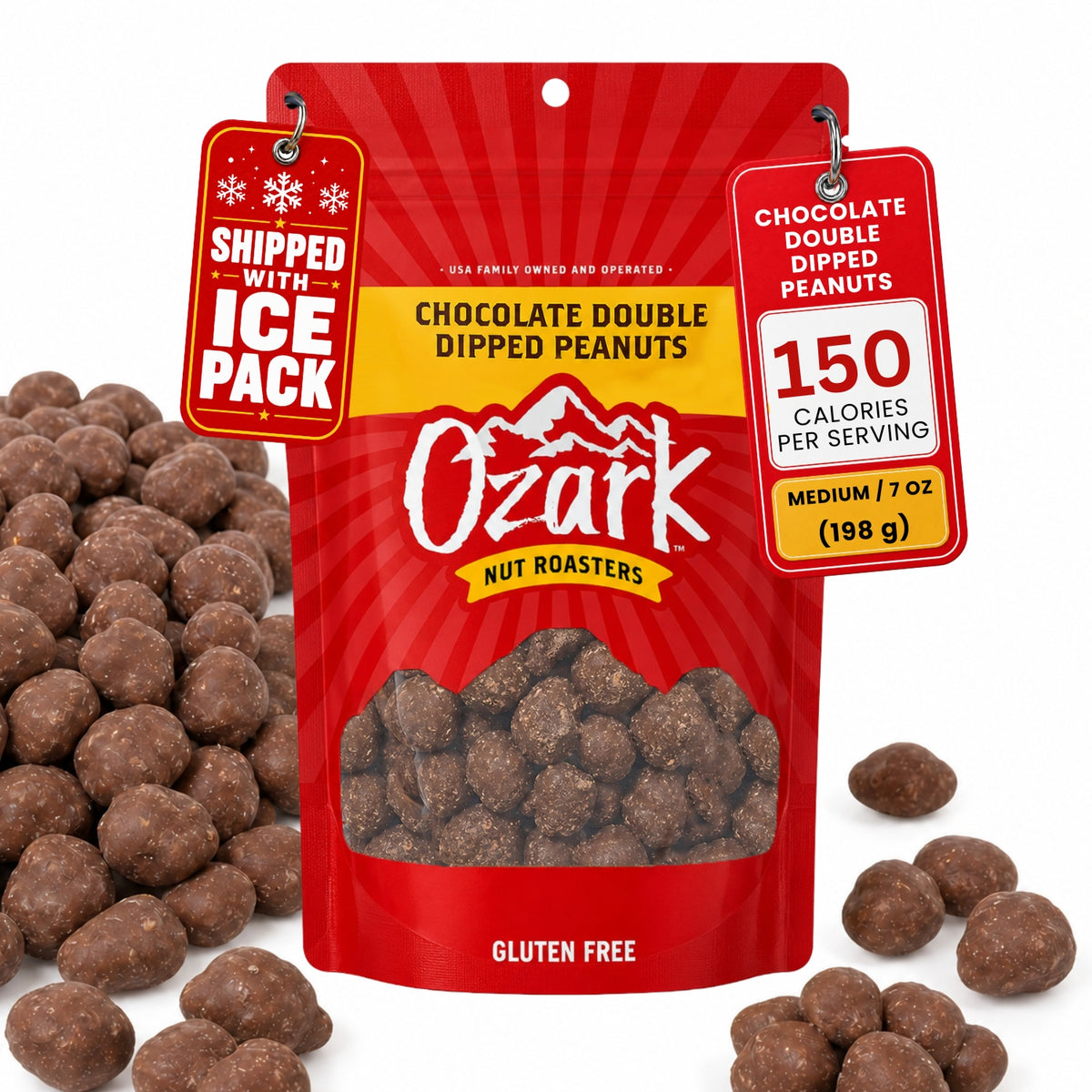 OZARK NUT ROASTERS, Double Dipped Chocolate Peanuts, Flavored Snack Nuts, World-Class Gourmet Candied Peanuts, Resealable Pack