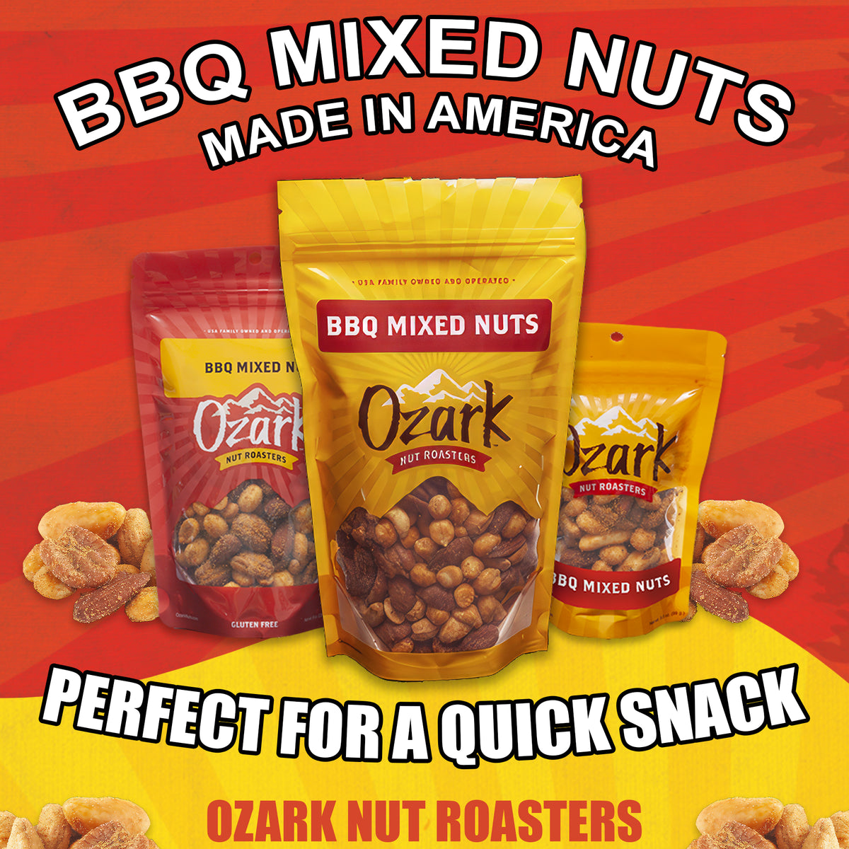 OZARK NUT ROASTERS, Smokey BBQ Mixed Nuts, Flavored Snack Nuts, World-Class Gourmet Candied Peanuts, Resealable Pack