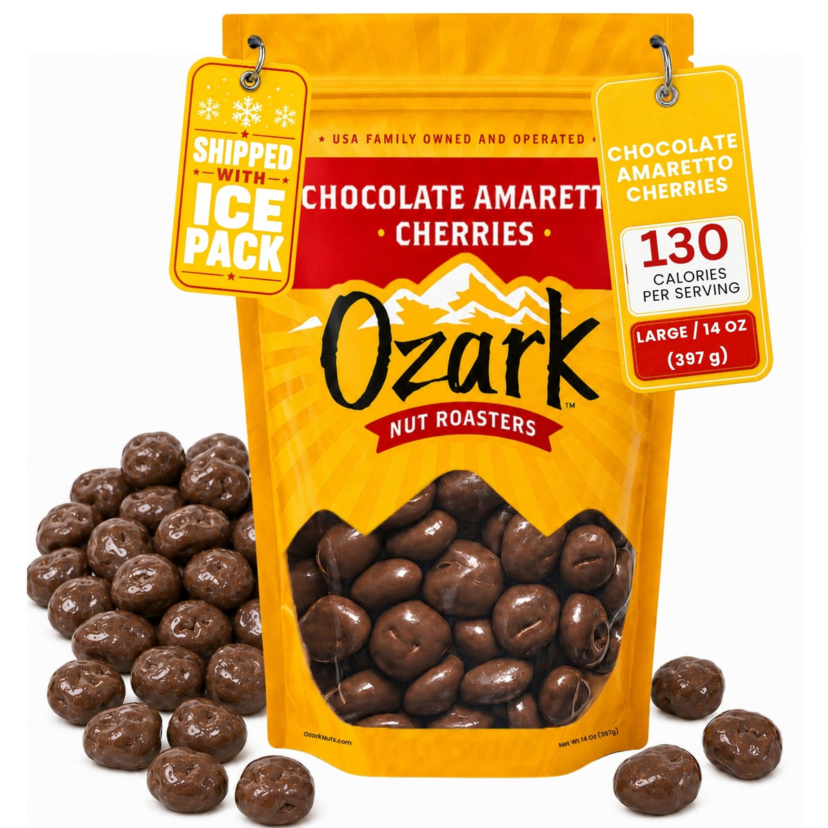 OZARK NUT ROASTERS, Chocolate Amaretto Cherries, Flavored Snack Nuts, World-Class Gourmet Candied Peanuts, Resealable Pack