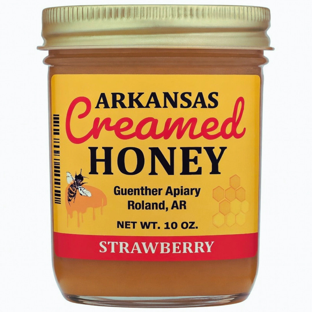 Guenther Apiary Local Arkansas Made Strawberry Creamed Honey - 100% Raw Unfiltered Honey - Crafted with Care and Expertise - Antioxidant-Rich Sweetness Packed with Nutrients - 10 oz Jar