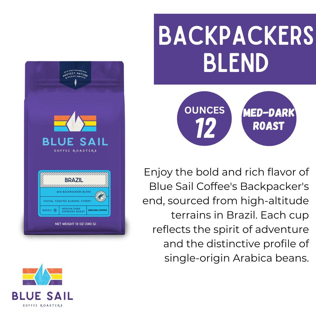Blue Sail Coffee Backpacker's Blend, Medium Dark Roast Ground Coffee, 12 Ounce