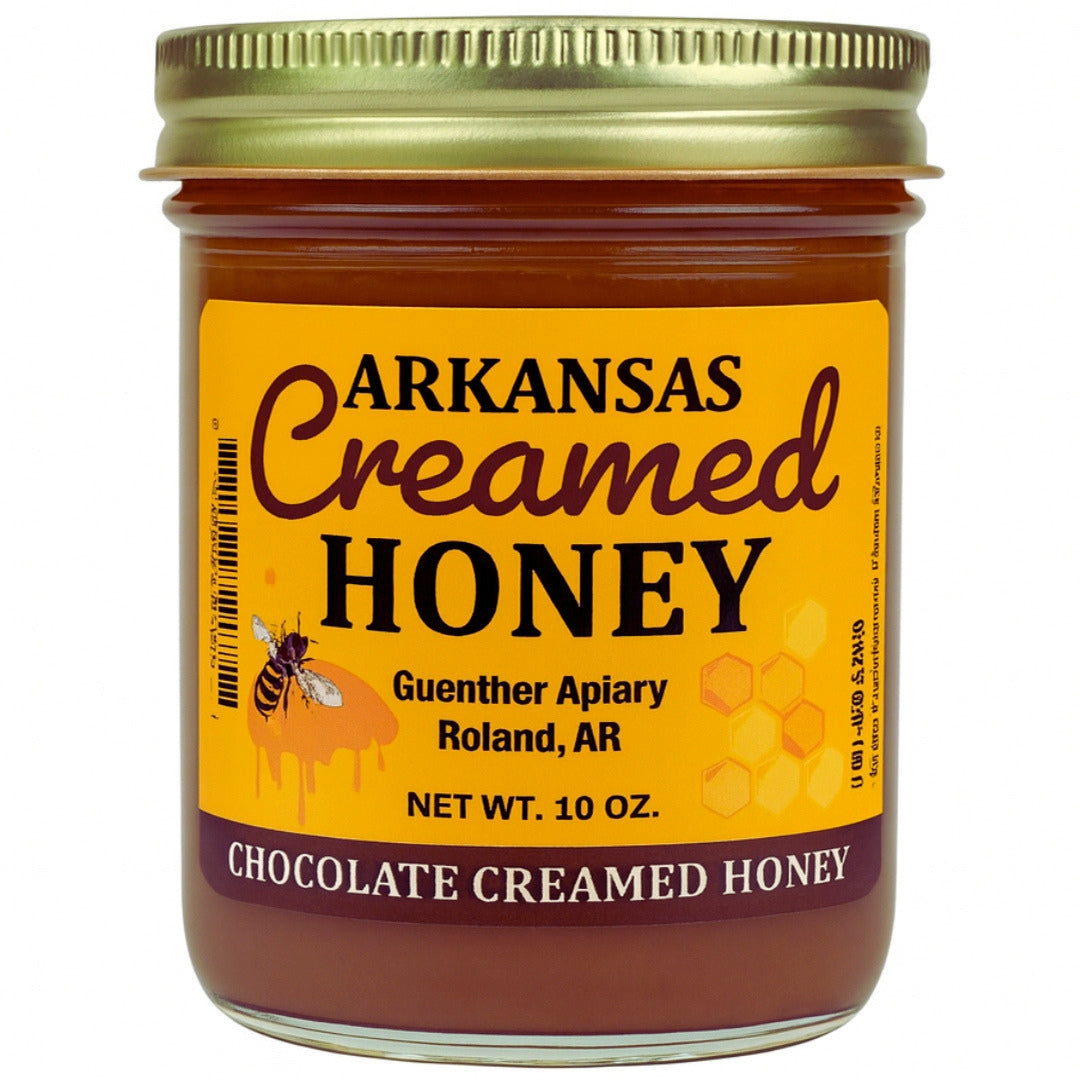 Guenther Apiary Local Arkansas Made Chocolate Creamed Honey - 100% Raw Unfiltered Honey - Crafted with Care and Expertise - Antioxidant-Rich Sweetness Packed with Nutrients - 10 oz Jar