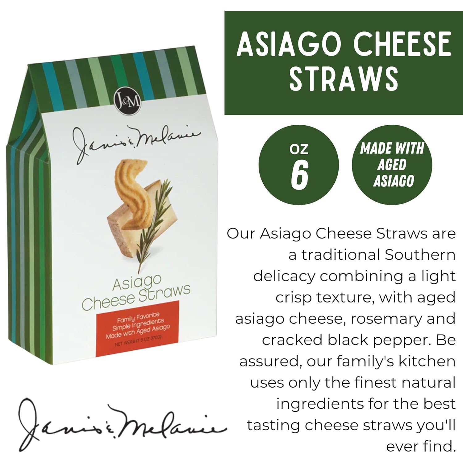 J&M Foods Asiago Cheese Straws, Traditional Southern Snack with Aged Asiago, Rosemary and Cracked Black Pepper - 6oz, 1 Pack