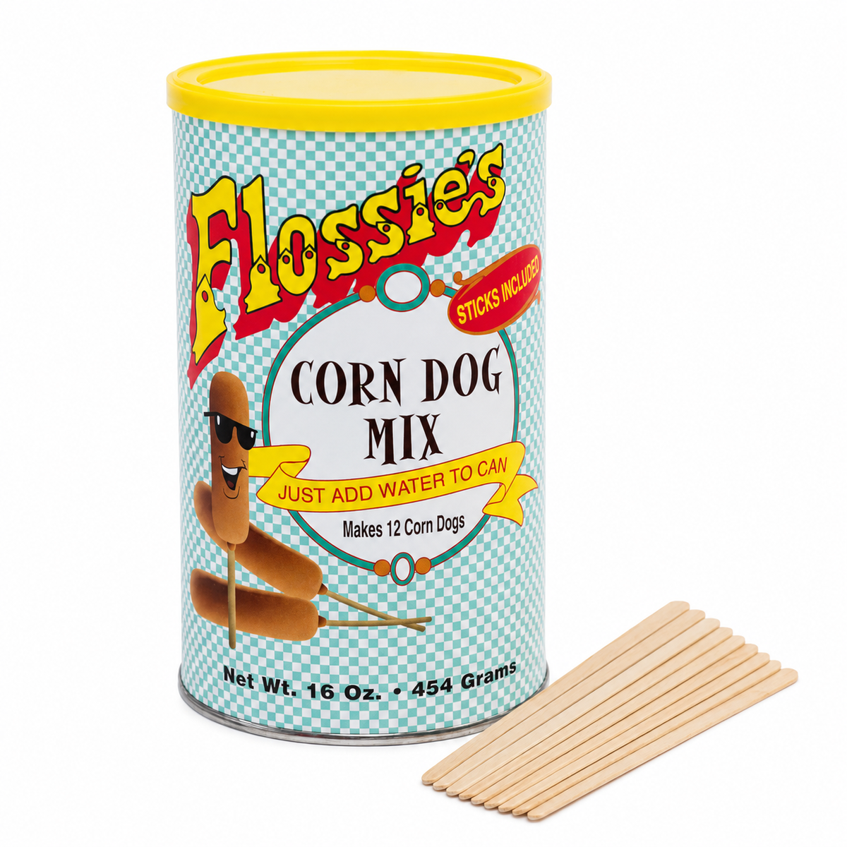 Flossie's Corn Dog Mix Sticks Included, Just Add Water to Can, Cooks in Minutes, Natural Flavor, Makes 12 Corn Dogs, 1 Pound