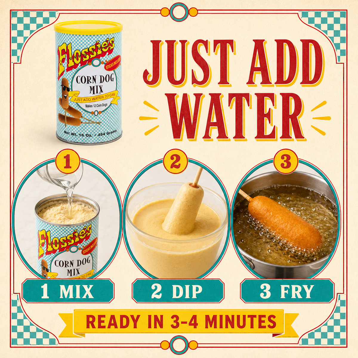 Flossie's Corn Dog Mix Sticks Included, Just Add Water to Can, Cooks in Minutes, Natural Flavor, Makes 12 Corn Dogs, 1 Pound