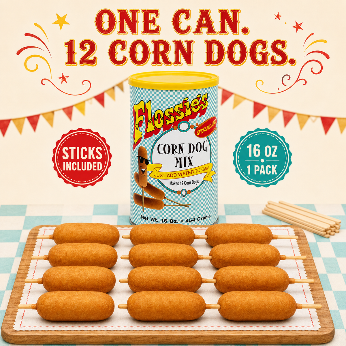 Flossie's Corn Dog Mix Sticks Included, Just Add Water to Can, Cooks in Minutes, Natural Flavor, Makes 12 Corn Dogs, 1 Pound