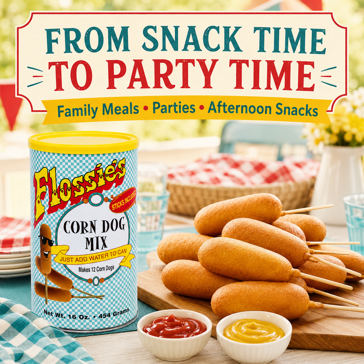 Flossie's Corn Dog Mix Sticks Included, Just Add Water to Can, Cooks in Minutes, Natural Flavor, Makes 12 Corn Dogs, 1 Pound