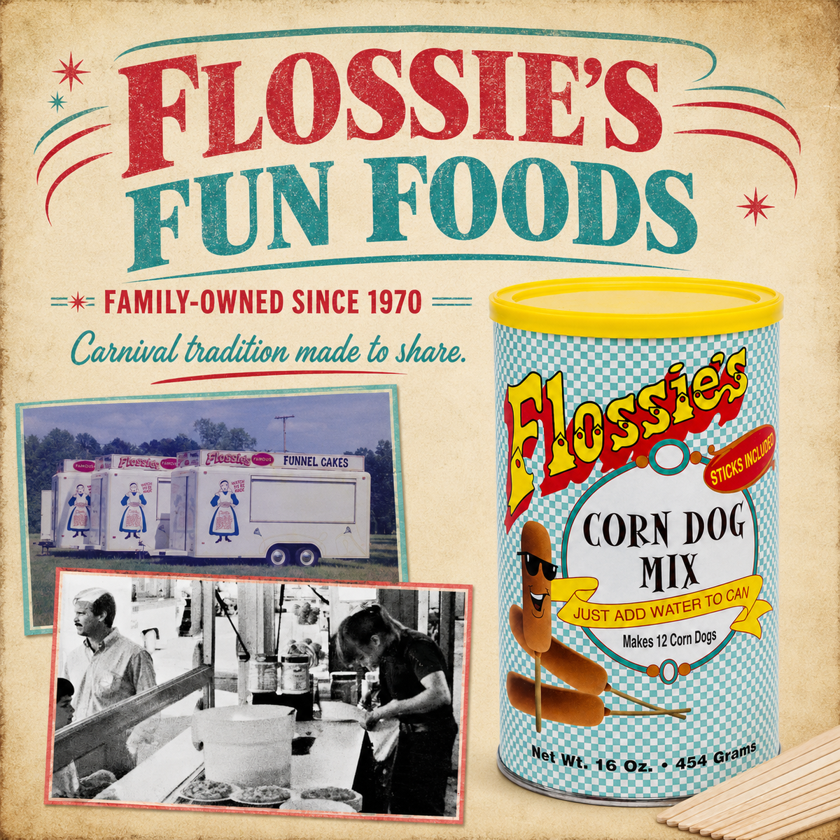 Flossie's Corn Dog Mix Sticks Included, Just Add Water to Can, Cooks in Minutes, Natural Flavor, Makes 12 Corn Dogs, 1 Pound