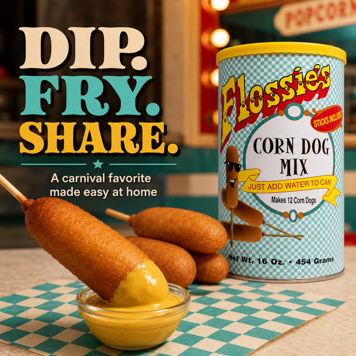 Flossie's Corn Dog Mix Sticks Included, Just Add Water to Can, Cooks in Minutes, Natural Flavor, Makes 12 Corn Dogs, 1 Pound