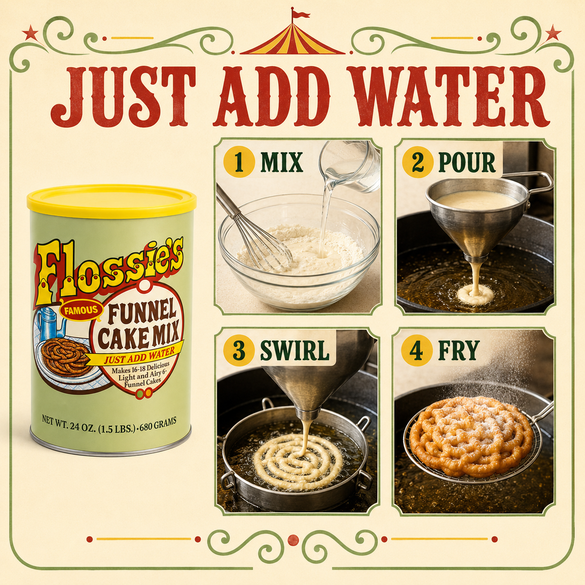 Flossie’s Famous Funnel Cake Mix, Just Add Water, Makes 16-18 Delicious Light and Airy 6in Funnel Cakes