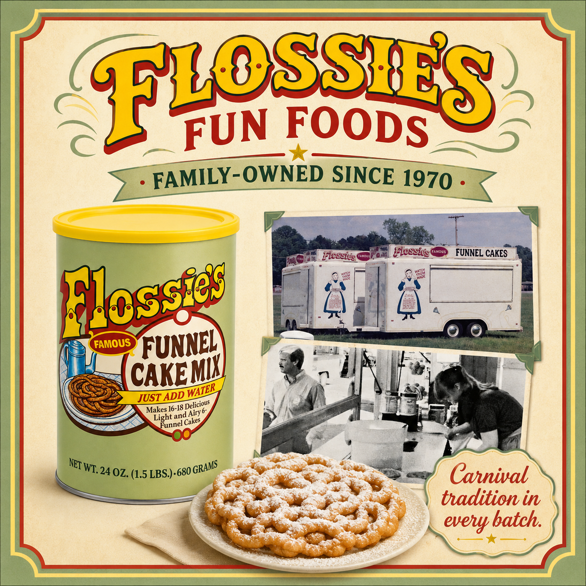 Flossie’s Famous Funnel Cake Mix, Just Add Water, Makes 16-18 Delicious Light and Airy 6in Funnel Cakes