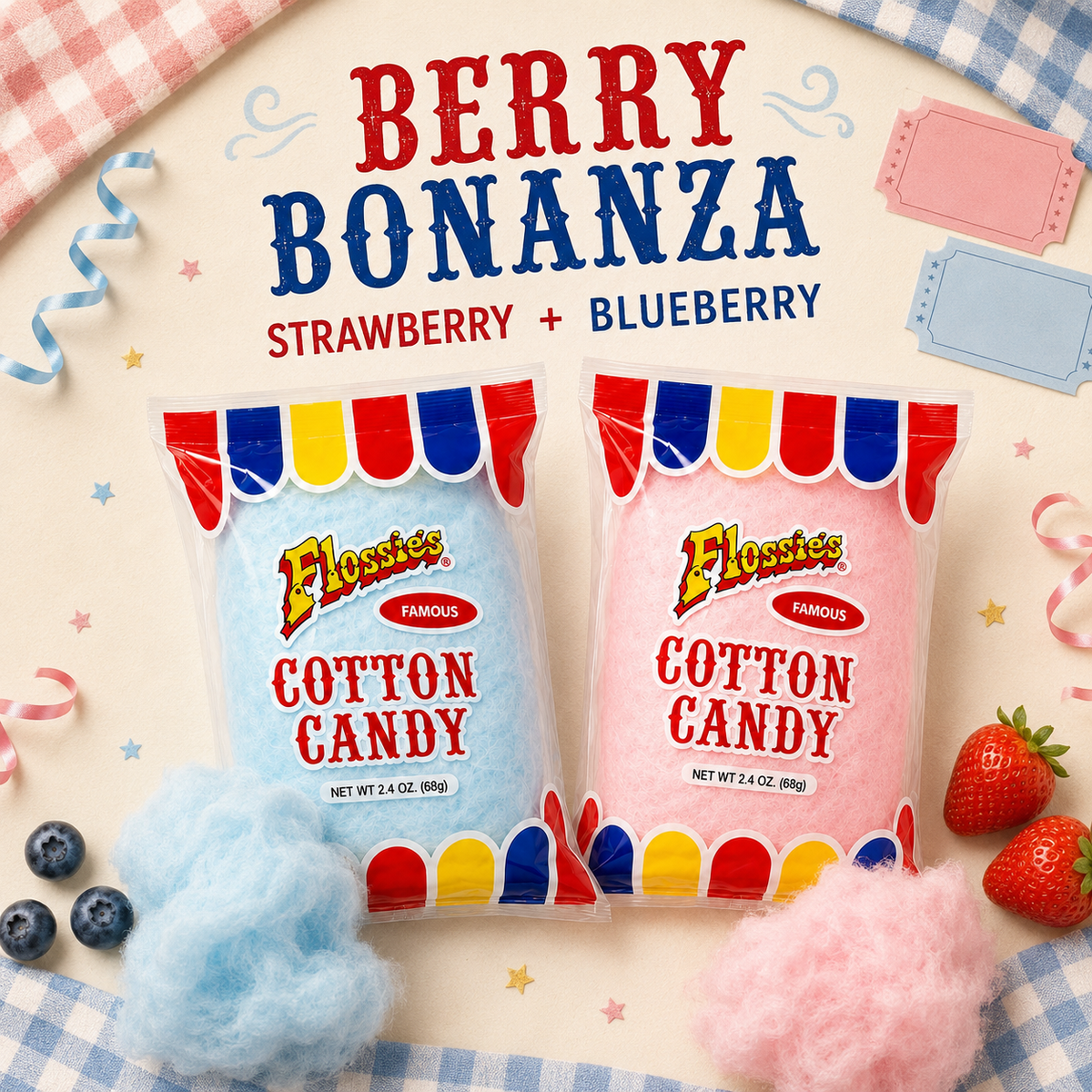 Flossie's Famous Cotton Candy Blue and Pink Party Flavors, 2.4oz Bag