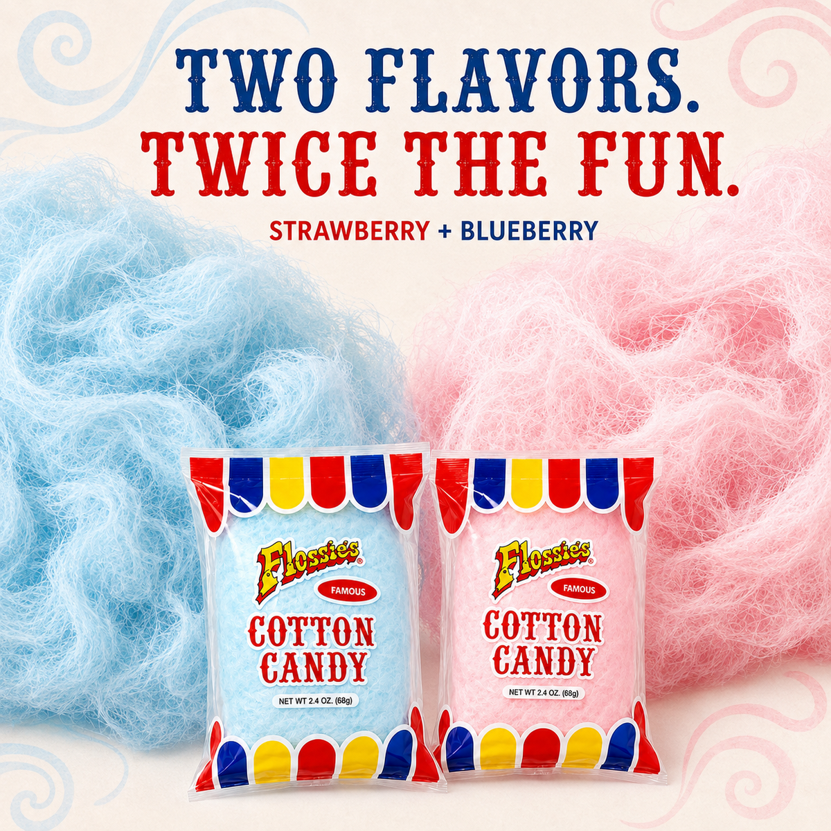 Flossie's Famous Cotton Candy Blue and Pink Party Flavors, 2.4oz Bag