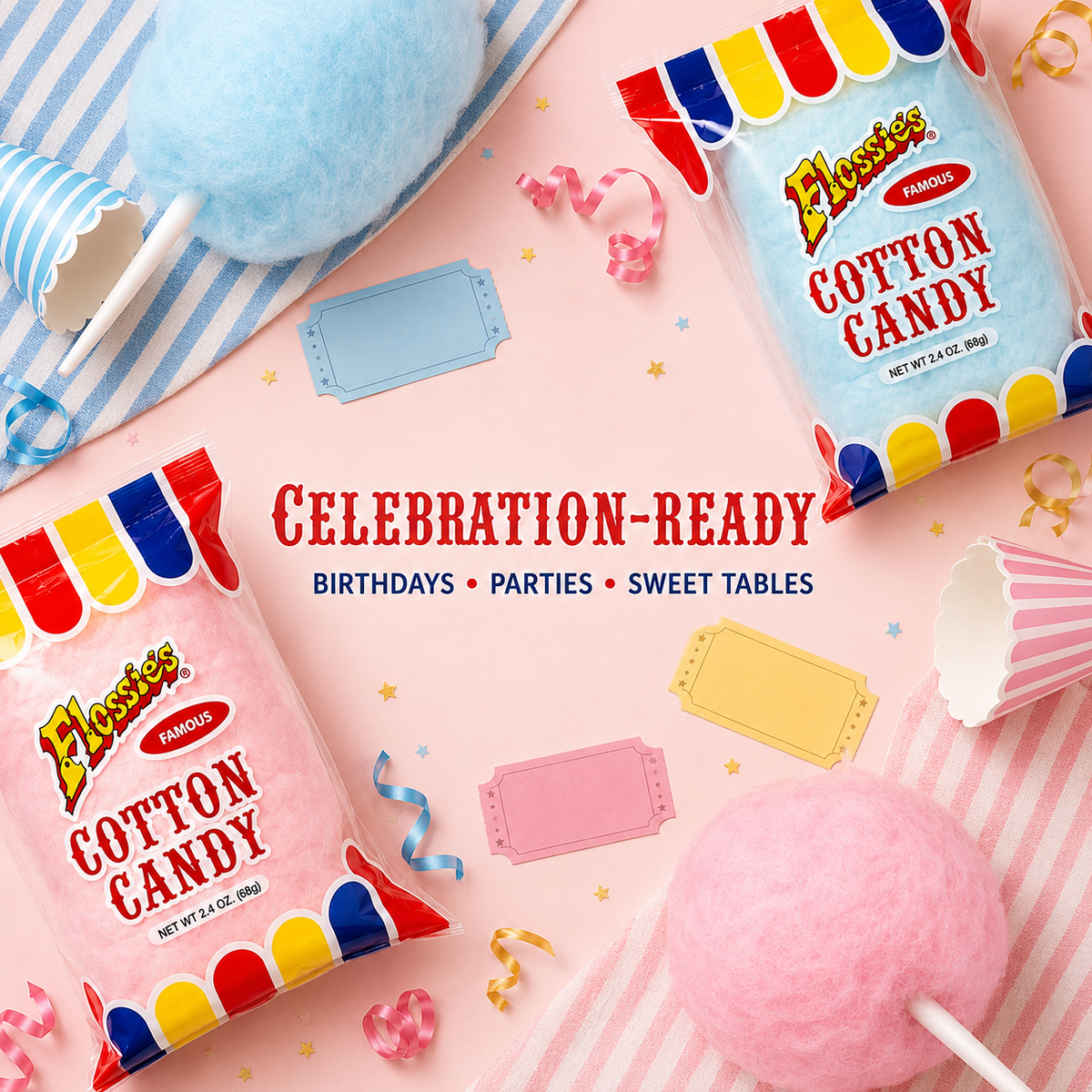 Flossie's Famous Cotton Candy Blue and Pink Party Flavors, 2.4oz Bag
